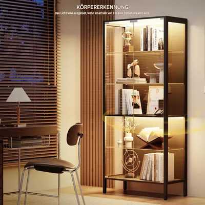 Produktbild von BROTTAR 64" Vitrinenschrank Schwarz mit Glastüren, 3-Farben-LED, Bewegungssensor, 5 verstellbaren Glasböden, Metallrahmen, Schwarz
