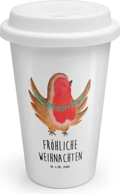 Produktbild von Mr. & Mrs. Panda Thermobecher Rotkehlchen Weihnachten - Weiß - Geschenk, Vogel, To Go, Becher, ToGo Kaffeebecher, Weihnachtsgruß, Thermokaffeebecher, Frohe, Heiligabend