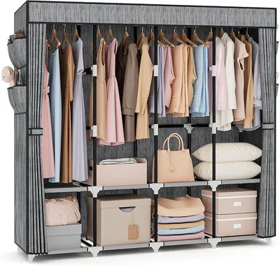 Produktbild von Kleiderschrank, Stoffschrank,170cm breit,Stoffschrank mit großer Kapazität, mit Abdeckung,4 Lagerregalen und 4 Kleiderstangen,stabiler freistehender textil kleiderschrank für das Schlafzimmer Drucken