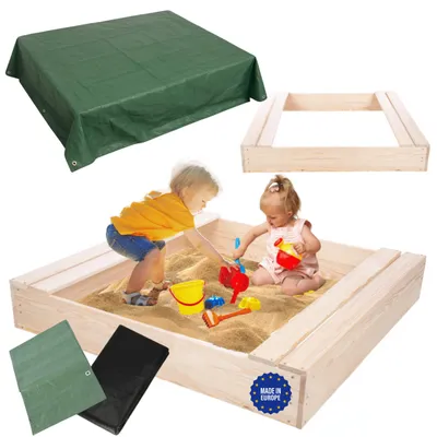 Produktbild von MODO24 Sandkasten Holz, Sitzbänke, Schutzplane, Holzsandkasten, Kinder Gartenspielzeug, Garten, 120x117 cm, Natur unbehandelt, PIA
