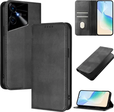 Obrázek produktu pro Pouzdro pro Tecno Pova Neo 3, vintage kožené pouzdro s RFID ochranou, přihrádkami na karty, stojánkem Černý