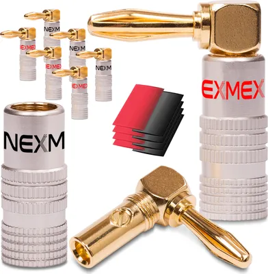 Produktbild von 8x High End NEXMEX Winkel Bananenstecker Schrumpfschlauch 24K vergoldet Bananas