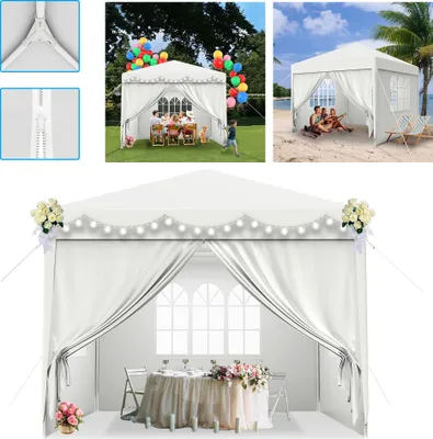 Collage of images showing a white party tent in different settings: outdoors with balloons and people, on a beach with people relaxing, and set up for an event with a table and chairs.