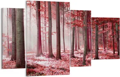 Produktbild von Bild auf Leinwand - Leinwandbild - 4 Teile - Wald Rot Bäume - 120x70cm - Wand Bild - Wanddeko - Wandbilder - Leinwanddruck - Bilder - Wanddekoration - Leinwand bilder - Wandbild - DL120x70-4944