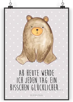 Produktbild von Mr. & Mrs. Panda Bild Bär sitzend DIN A3 - Grau Pastell - Geschenk, drucke, Posterdruck, wanddeko, Teddy, Plakat, Kunstdruck