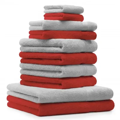 Produktbild von Betz 10-tlg. Handtuch-Set PREMIUM 2 Duschtücher 4 Handtücher 2 Gästetücher 2 Waschhandschuhe  Farbe: rot & silbergrau