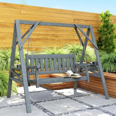 Produktbild von Hollywoodschaukel 2-Sitzer Tannenholz, Gartenschaukel Holzschaukelbank mit Seitentischen, Grau | 183x120x160 cm | 20,5 kg | Metallketten
