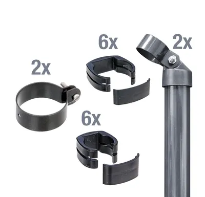 Zdjęcie produktu dla Alberts 601881 Zestaw łączący bramę z siatki plecionej z siatką zgrzewaną Fix-Clip Pro®, zestaw, 2s, ocynk fosforanowany antracyt-metalik, do zabetonowania, Ø słupka bramy: 60 mm, wysokość ogrodzenia: 1220 mm
