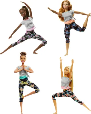 Four Barbie dolls in different yoga poses, wearing athletic wear with floral patterns.