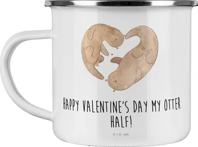 Produktbild von Mr. & Mrs. Panda Pott Otter Valentine - Weiß - Geschenk, Jahrestag, für Freundin, Emaille Becher, Tasse, Freund, Teetasse, Hochzeitstag, Frauen, Valentinstag, Haferl