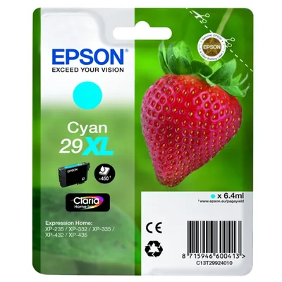 Produktbild von Epson Strawberry Singlepack Cyan 29XL Claria Home Ink, Hohe (XL-) Ausbeute, Cyan, 6,4 ml, 1 Stück(e), 450 Seiten