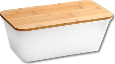 Produktbild von KESPER Brotbox, Brotkasten weiß – Kunststoff PP & -Bambusdeckel – 35x20x13,5cm – spülmaschinengeeignet – Deckel als Schneidebrett nutzbar – 58490