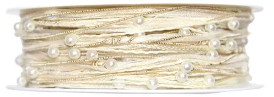 Produktbild von 15m Dekoband Schleifenband Geschenkband Organza Perlen Schnur Kordel Perlenkordel, Farbe:creme