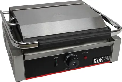 Image de Grill à panini électrique KuKoo en acier inoxydable, grill à sandwich, grill de table, 2200 W, avec brosse de nettoyage métallique e et 2 bacs à graisse, 43 cm (L) x 31 cm (P) x 21,5 cm (H)
