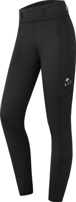 A pair of black leggings is shown against a white background.