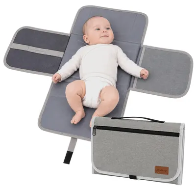 Produktbild von Wickelunterlage Unterwegs Baby, Wickelauflage mit Fächern Feuchttücher Windeln, Wickelmatte faltbar Reisen (hellgrau)