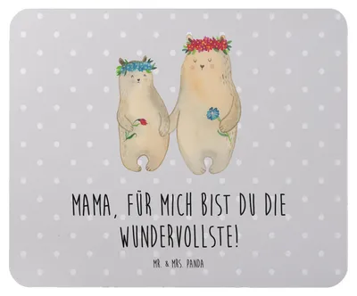 Produktbild von Mr. & Mrs. Panda Mouse Pad Bären mit Blumenkranz - Grau Pastell - Geschenk, Muttertag, Mousepad, Kinder, Mutter, mousematte, pc mauspad, mausteppich, Family