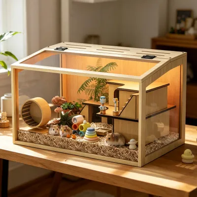 Produktbild von WISFOR Hamsterkäfig mit LED Leuchte, Kleintierhaus aus Holz, Mäusekäfig mit klappbarem Deckel, Sichtfenster, 60 x 40 x 40 cm