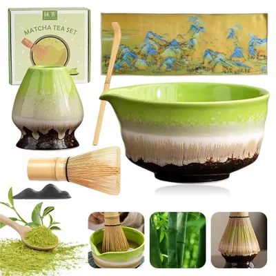 Obrázek produktu pro Sada pro přípravu matcha čaje – sada s metličkou a miskou – 6 dílů – porcelán – miska na matcha – metlička se stojanem – lžička s držákem – sítko a hadřík