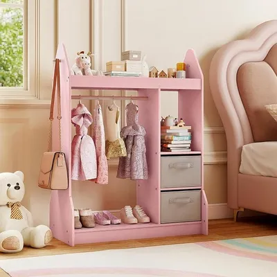 Produktbild von Kinderkleiderschrank mit Stoffschubladen, 81 x 38 x 107 cm, Kindergarderobe mit Spiegel & Kleiderstange, Kinder Kleiderständer aus Holz für Kinderzimmer (Rosa)