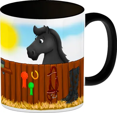 Produktbild von Kaffeebecher Henkel und Innenseite Schwarz mit schwarzes Pferd Motiv