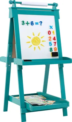 Zdjęcie produktu dla Tablica dla dzieci COSTWAY dwustronna, sztaluga składana o regulowanej wysokości z tablicą, tablica magnetyczna, rolka papieru, tablica dla dzieci 3+ zielona