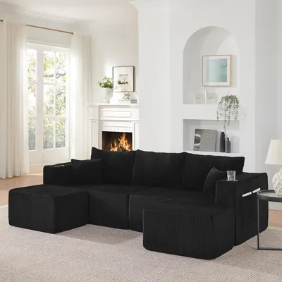 Produktbild von STILVORA Ecksofa 3-Sitzer in L-Form mit beweglichen Ottomanen,Modulares Sofa mit Cordstoff und Getränkehalter,Wohnlandschaft mit Seitentasche und Kissen