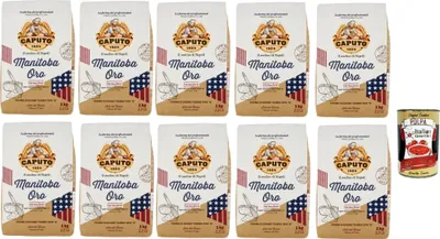 Produktbild von Caputo Manitoba Oro Farina, "0" weicher Weizenmehl, Elastisches Mehl mit einem hohen Proteinwert, ideal für Gebäck und eingelassenes Produkt. 10x 1 Kg + Italian Gourmet polpa 400g