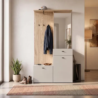 Produktbild von Flur Garderobe in Eiche mit Beige, 100 cm breit, Spiegel - RUMMU-129