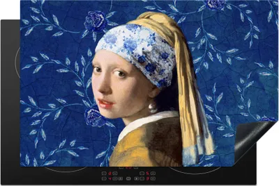 Produktbild von KitchenYeah© Herdabdeckplatte Mädchen mit Perlenohrring - Delfter Blau - Vermeer - Blumen - Gemälde - Alte Meister , 81x52cm, Küche Deko, Glaskeramikkochfeld Herdabdeckung, Abdeckplatte fùr Kochfeld