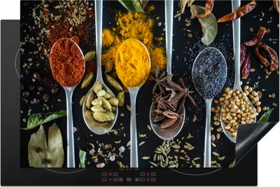 Produktbild von KitchenYeah© Herdabdeckplatte Kräuter - Löffel - Gewürze - Schwarz - Küche , 80x52cm, Küche Deko, Glaskeramikkochfeld Herdabdeckung, Abdeckplatte fùr Kochfeld