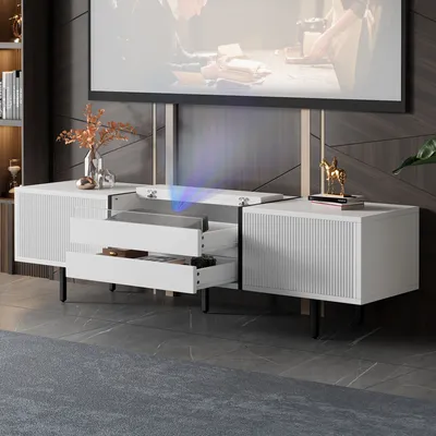 Image de AIORBER Meuble TV avec tiroir extractible pour projecteur, design en bloc de couleur avec espace de rangement, 2 portes et 2 tiroirs, pour le salon, 163x40x45cm,Blanc