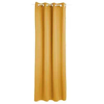 A single ocher yellow curtain hanging from a white rod.