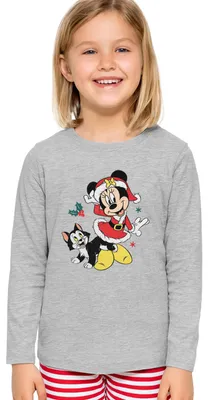 Produktbild von Disney Minnie Mouse XMAS Schlafanzug für Mädchen - Christmas Kinder Winter Pyjama Set Weihnachten Langarm Oberteil mit Hose Grau/Rot 110-116