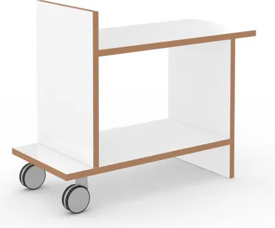 A 3D rendering of a white rolling cart with brown trim against a white background.