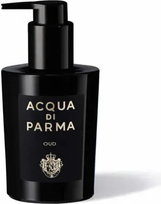 Obrázek produktu pro Acqua di Parma Oud, Ruce a tělo, Tekuté mýdlo, Pumpovacíc lahvička, Čisticí, Změkčující, Bergamot, Oranžová, Amyris (olej), Koriandr, Oud