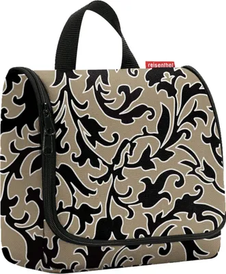 A toiletry bag with a baroque pattern.