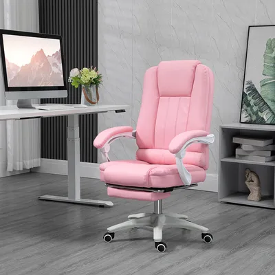 Produktbild von Bürostuhl mit Fußstütze, verstellbare Rückenlehne, höhenverstellbar, 5 Rollen, Rosa + Weiß, 65x68x116 cm, Kunstleder