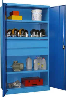 Produktbild von Schwerlastschrank - Vollblechtüren - 3 Böden - 2 Schubladen, 175 mm - 1.950x1.040x630 mm (HxBxT) - reinorange/lichtblau