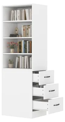 Image de Bibliothèque étroite Zimilo 180 cm avec tiroirs latéraux, meuble de rangement blanc à étagères réglables, armoire haute peu encombrante pour le salon, la salle de bains ou le bureau