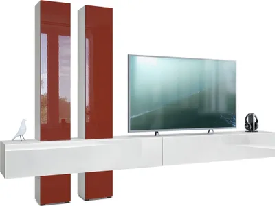 Produktbild von Vladon Wohnwand Moja,  Germany, - Weiß matt & Weiß/Bordeaux Hochglanz - Moderne Anbauwand für Ihr Wohnzimmer (BxHxT) 330 x 204 x 39 cm