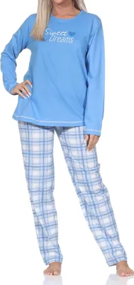 Produktbild von Normann Damen Schlafanzug mit karierter Pyjama-Hose aus Single Jersey - auch in Übergröße ; blau , 40