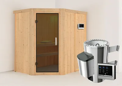 Produktbild von Karibu Sauna Innensauna Saja Eckeinstieg Ofen 3,6 kW externe Strg.easy 196x151x198 cm ohne Dachkranz mit Graphittür