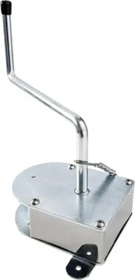 A metal winch with a crank handle and a black grip, shown against a white background.
