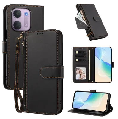 Image de Étui portefeuille pour Xiaomi Redmi 17C 5G, en cuir PU, avec compartiments pour cartes, support et dragonne. Couleur : noir