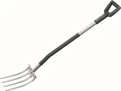 A garden fork is shown against a white background.