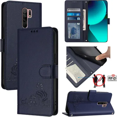 Image de Etui en cuir pour Xiaomi Redmi 9, étui à rabat avec fonction stand et portefeuille bleu