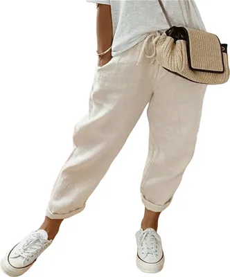 Produktbild von ASKSA Damen Leinenhose Casual Leicht Sommerhose Bequeme Hose Freizeithose Strandhose mit Taschen, Aprikose, Groesse: L