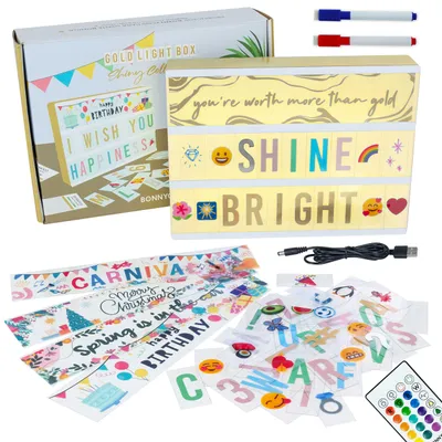 Produktbild von BONNYCO Light Box Shiny Gold A4 16 Farben mit 400 Buchstaben und Emojis, 10 Premium Karten, Fernbedienung, 2 Stifte, Ä Ö Ü ß Enhalten. Lichtbox Led mit Buchstaben, Geschenke für Frauen and Mädchen
