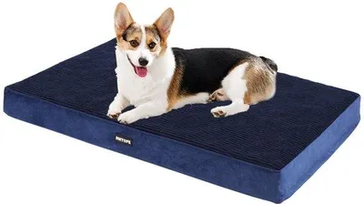 Image de Lit orthopédique pour chien, coussin de 9 cm d'épaisseur pour chiens de taille moyenne, tapis amovible et lavable, dessous antidérapant, rembourrage imperméable, 91 cm, bleu marine